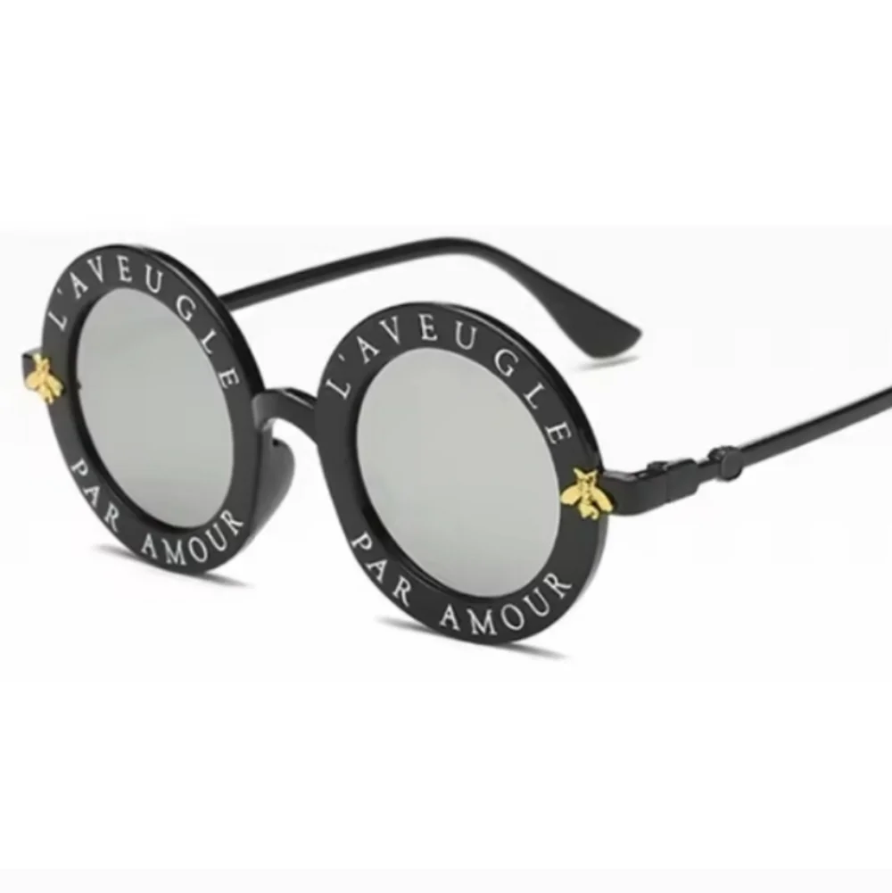 Black Round Sunglasses With Vintage Gold Bee Frames Silver Lens Design